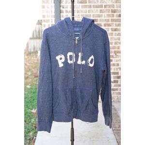 Polo Hoodie Full Zip Spellout Distressed 80s 90s True Vintage